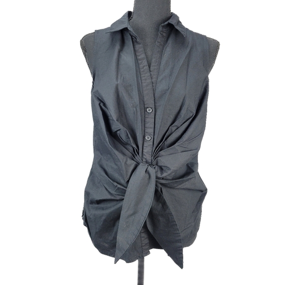 NINE WEST Black Button Down Tank Blouse Tie Front Size Medium - Picture 1 of 8